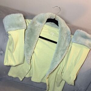 Pale Yellow Cardigan with Faux Fur Trim